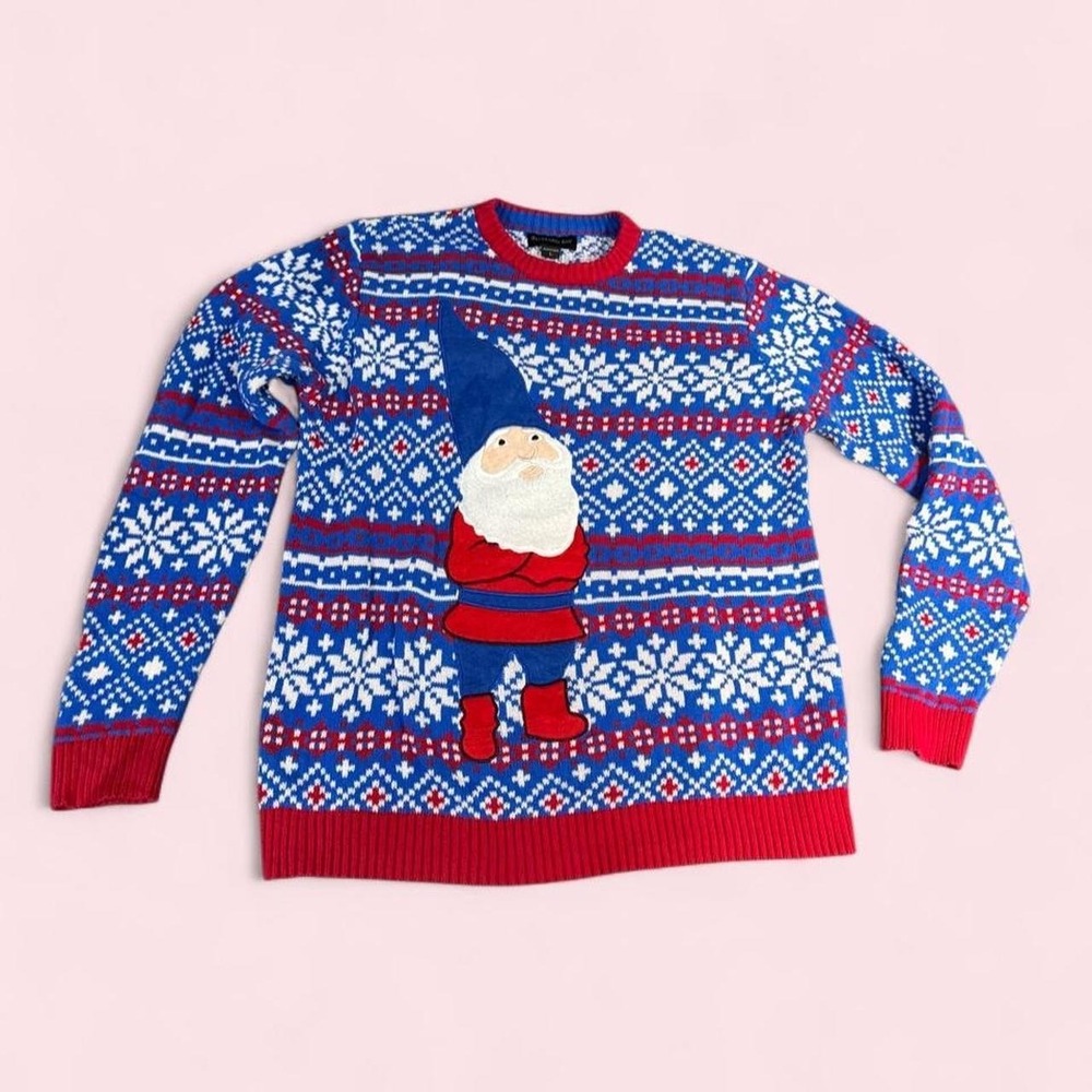 Blizzard Bay Fair Isle Gnome Sweater Mens Large Blue Snowflake Holiday Crewneck